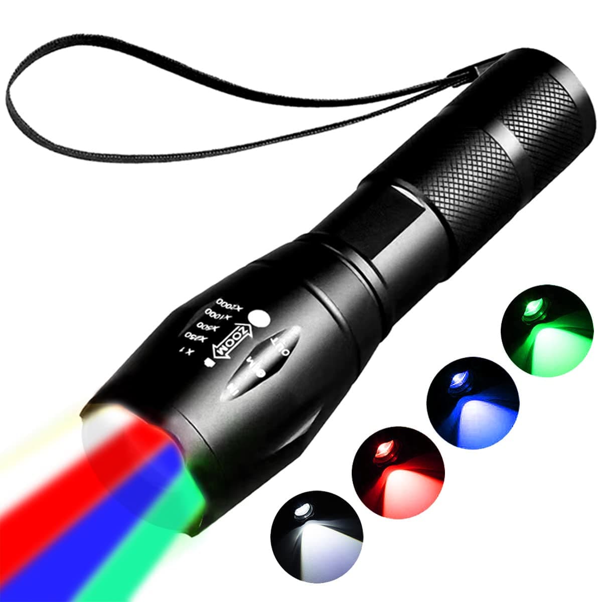 Rechargeable Red Light Flashlight，Green Lights for Hunting，Blue Light Blood Tracking for Hunting, 4 in 1 White Light and Red Light and Blue Lights and Green Lights ，4 Modes.