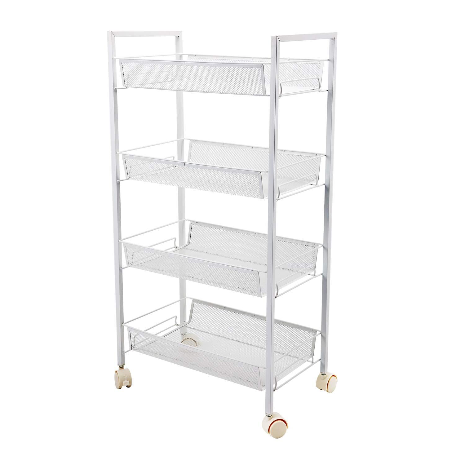 4-Tier Mesh Wire Rolling Cart Multifunction Utility Cart Office Home Kitchen Storage Cart on Wheels, Steel Wire Basket Shelving Trolley,Easy Moving (Whtie)