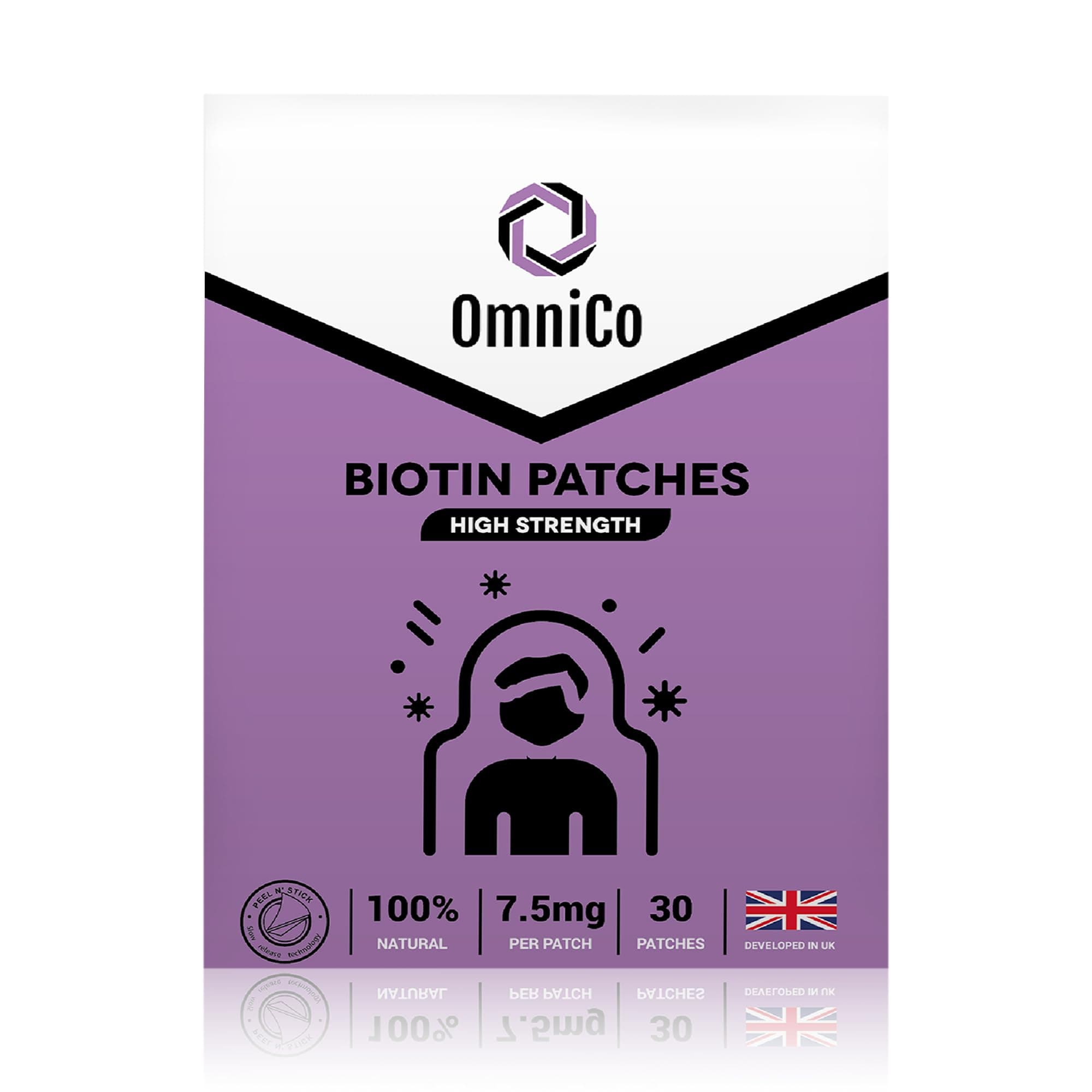 OmniCo Biotin Topical Patches – 30 Patches, 3cm x 3cm, Water Resistant Biotin Patches with Vitamins A, C, E, D3 & Zinc, Vitamin Skin Patches for Hair, Skin & Everyday Wellness – 7 Month Supply
