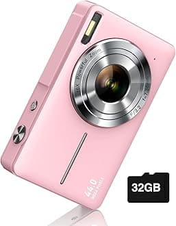44MP Digital Camera with 32GB Card, Compact 1080P HD Vlogging Camera with 2.4" LCD Screen, 16X Zoom, Anti-Shake, Fill Light, Rechargeable Battery, Mini Portable Camera for Photography & Video (Pink)