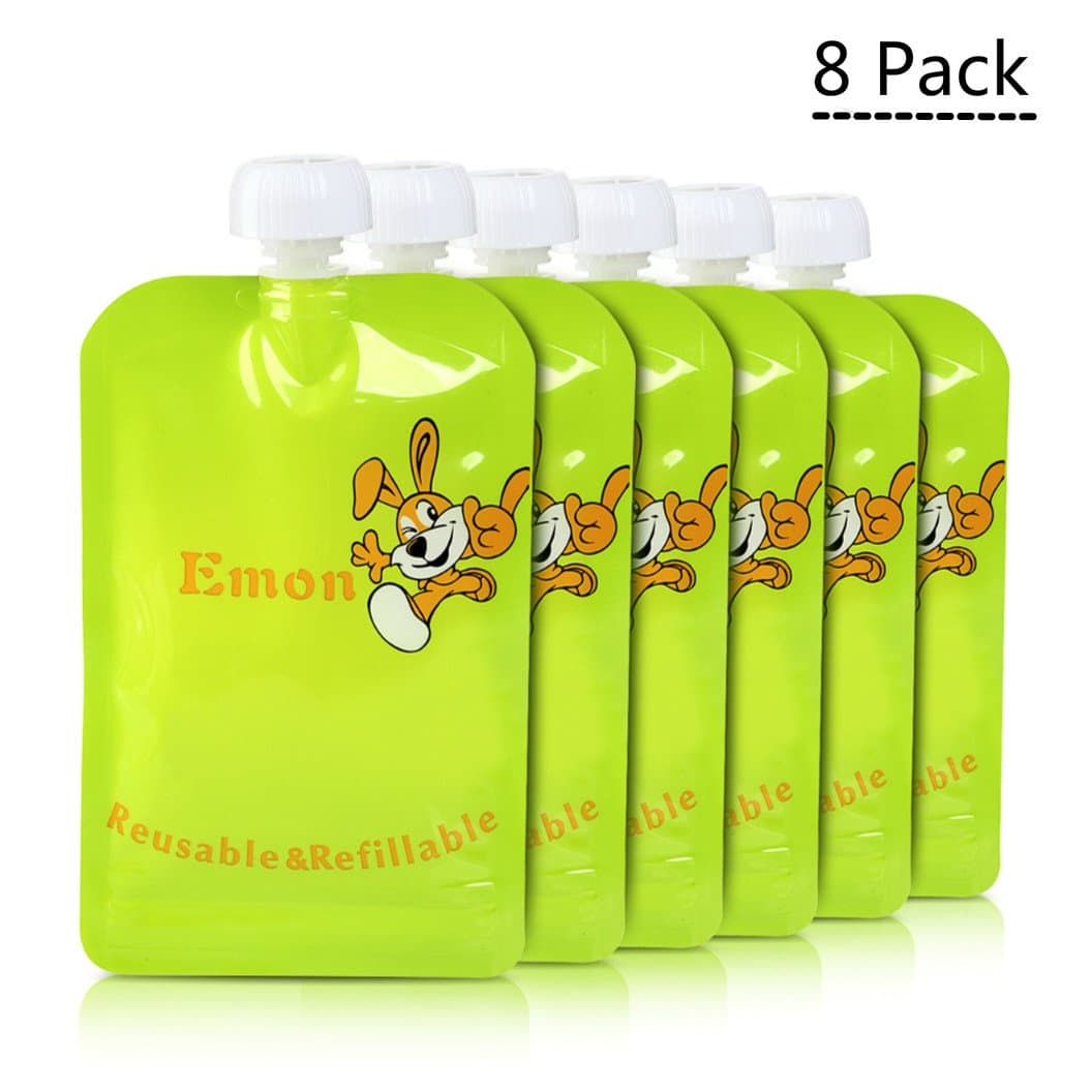 Emon Reusable Food Pouch 8 Pack Easy to Fill and Clean Double Zipper Means No Leaking Perfect for Homemade and Organic Baby Food - Suitable for Babies Toddlers and Kids of All Ages (8 Big 170ml)