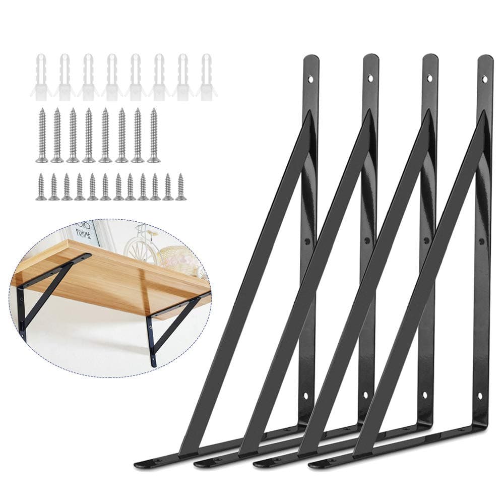 Heavy Duty Shelf Bracket, ORIGA 9.8 x 6.3 Inch Shelf L Brackets 90 Degree Shelf Support Corner Brace Joint Right Angle Brackets with 20pcs Screw and 8pcs Anchors, 4-Pack, Black