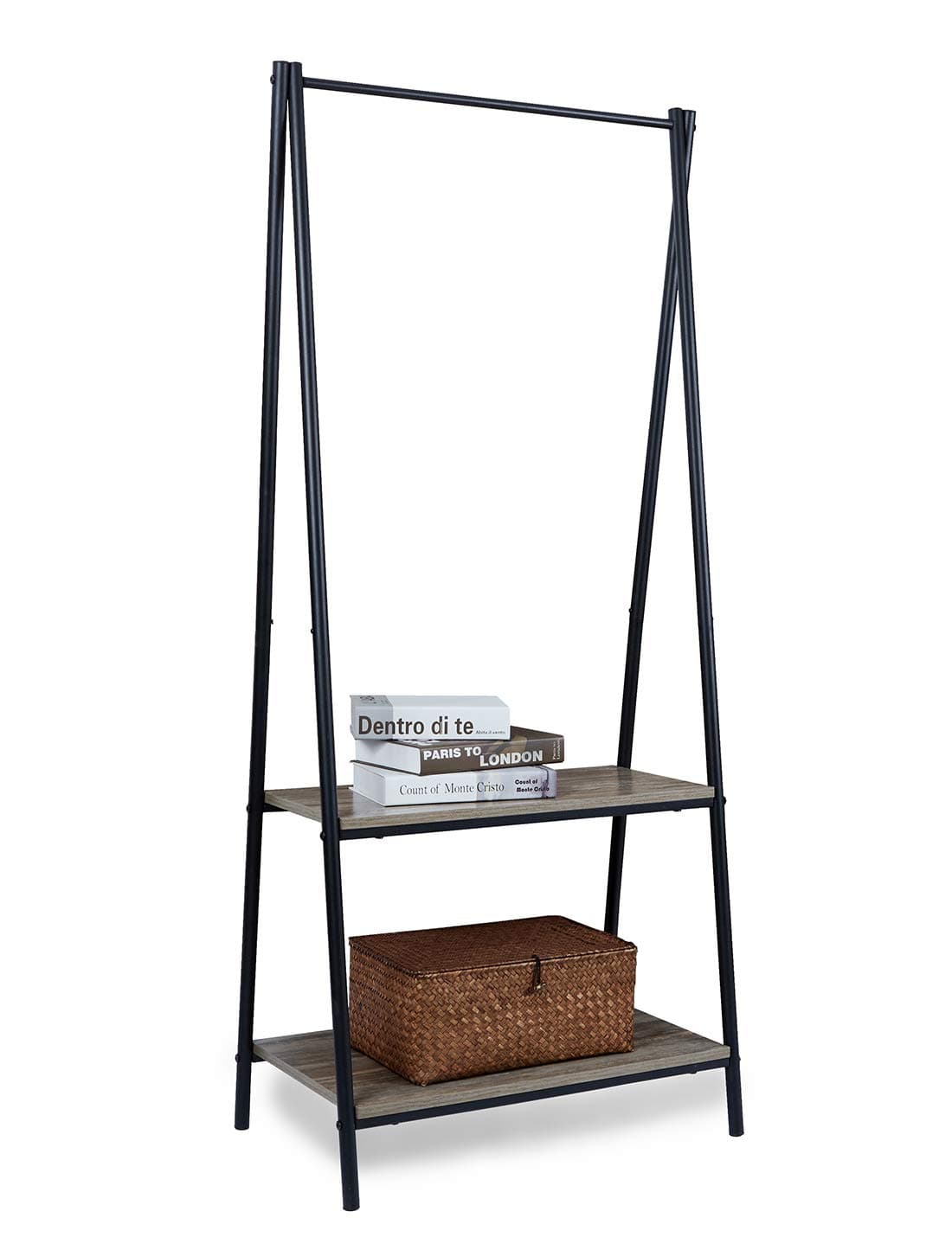 Suhu Vintage Clothes Hanging Rail Industrial Stand Coat Rack with Shoe Storage Metal Garment Rack Wooden Clothing Standing Shelf with Two Tier Shelving Unit for Bedroom Entryway Hallway Black Steel