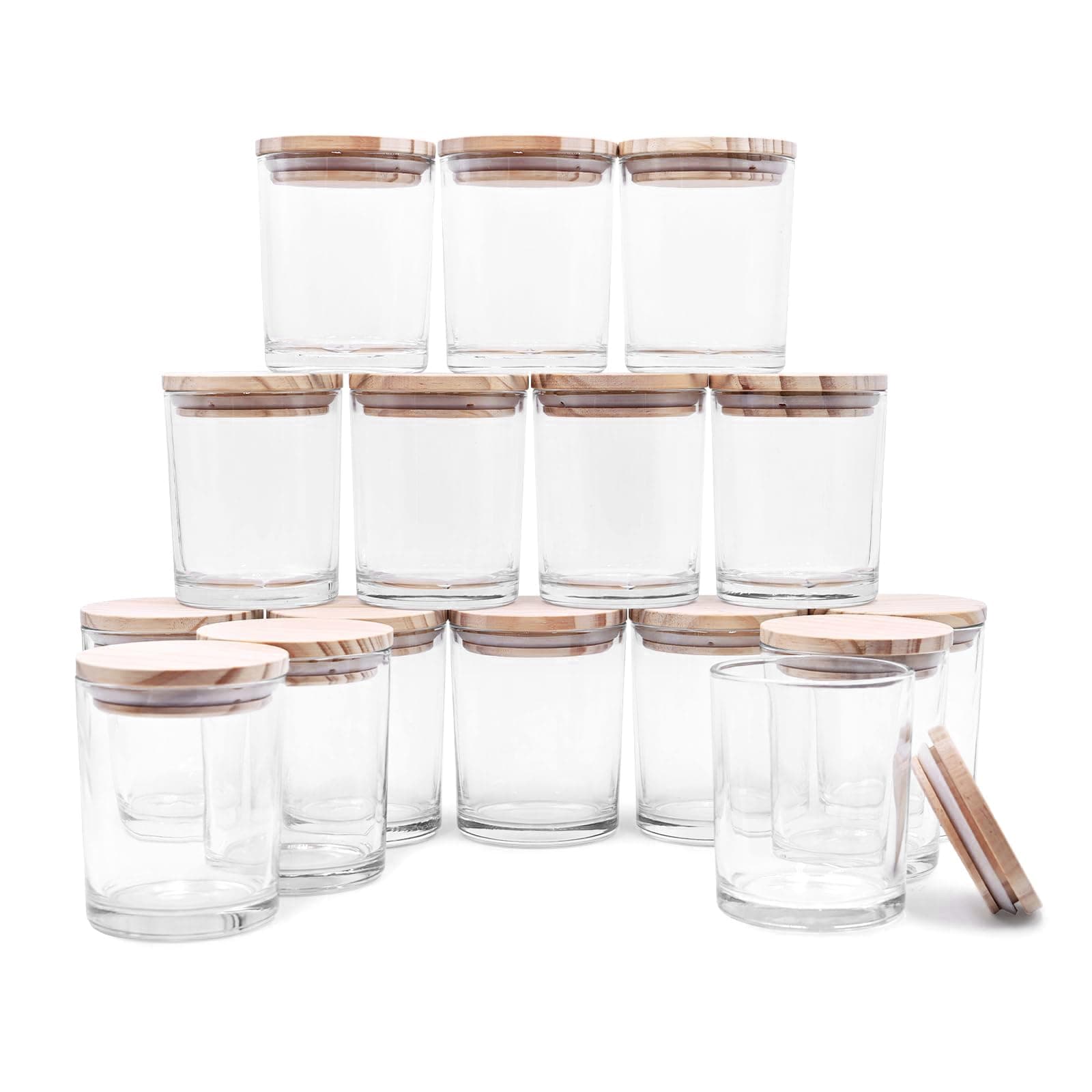 (16 Pcs) 6 OZ Thick Glass Jars with Wood Lids, Clear Empty Jars for Making Candles, Spice Jars, Sample Container - Dishwasher Safe by Showin