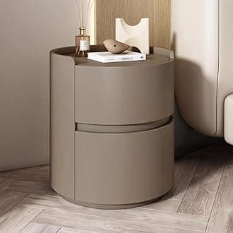 ERICAT Round Night Stand Nightstand, Wooden Bedside Table for Bedroom, Outer Leather Bedside Table, Nightstand Storage Living Room end Tables Drawer Shelf Bed Side Table(Dark brown,40x40x50cm)