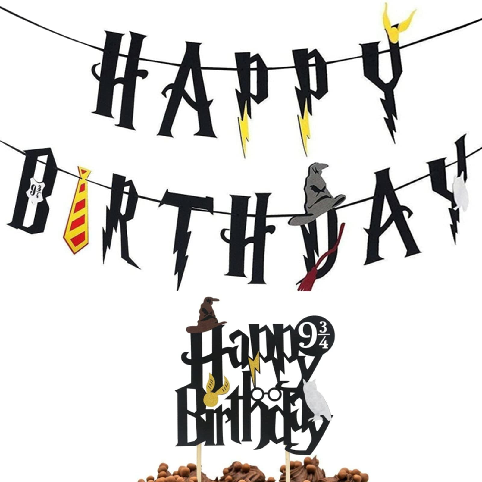 4 Pcs Magical Wizard Happy Birthday Cake Topper & Happy Birthday Banner Party Decoraion,Garland Black Felt Decor Cupcake Topper for Kids Birthday Decor,Harry P Inspired/Wizard Theme Party Supplies