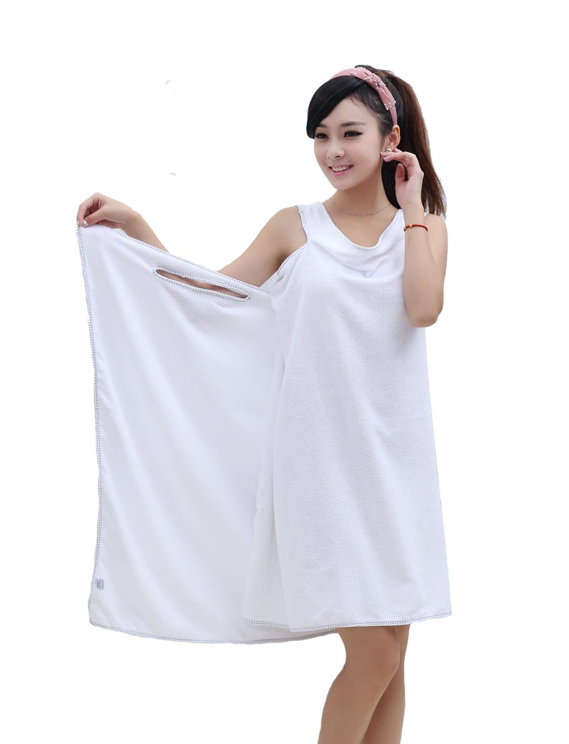 Womens Bath Towels And Girls Bathrobe Towels Wearable Shower Wrap White