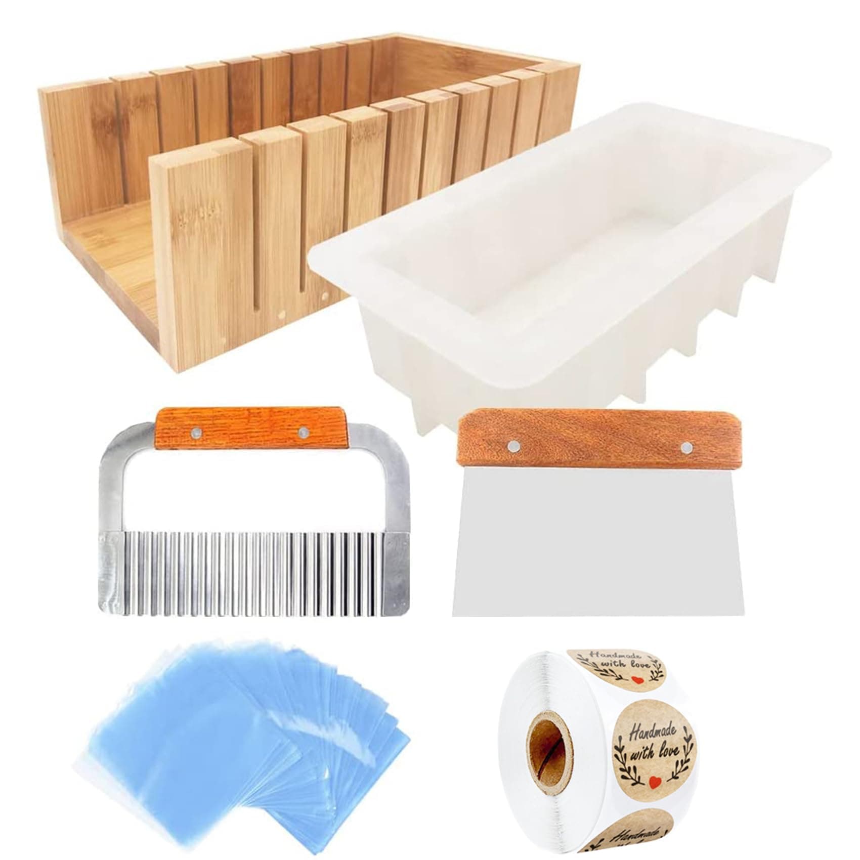 Soap Cutting Tool Large Size Wooden Soap Loaf Cutter Mold and Soap Cutter Set + 1 pc 1.2 L Rectangle Silicone Mold + 1 pc Straight Cutter + 1 pc Wavy Cutter