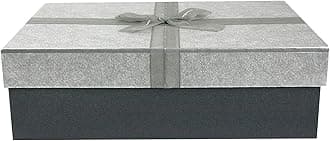Emartbuy Rigid Gift Box, 33.5 x 25 x 11.5 cm, Dark Grey Box with Silver Lid, Brown Interior and Grey Fabric Decorative Ribbon