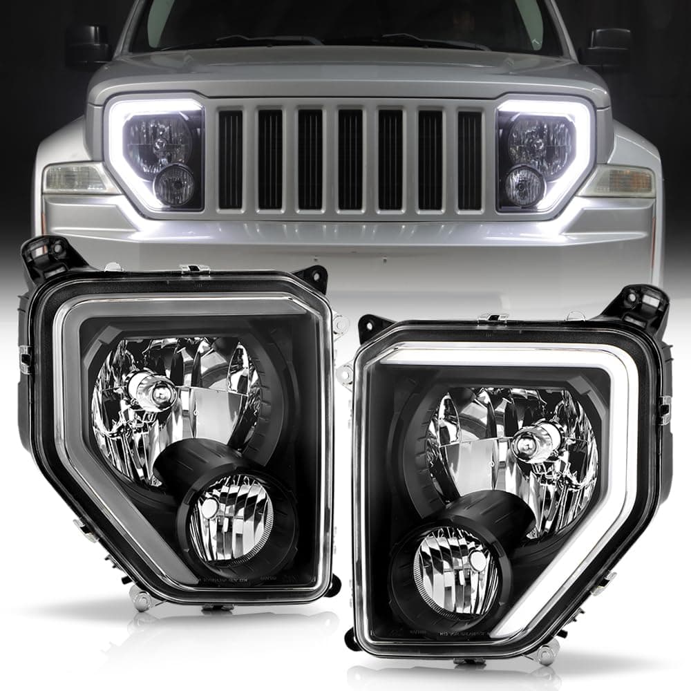 KEEKPO - For 2008-2012 Jeep Liberty Upgrade Style LED Tube Black Houdsing Headlights w/Fog Lamp Headlamps Left+Right