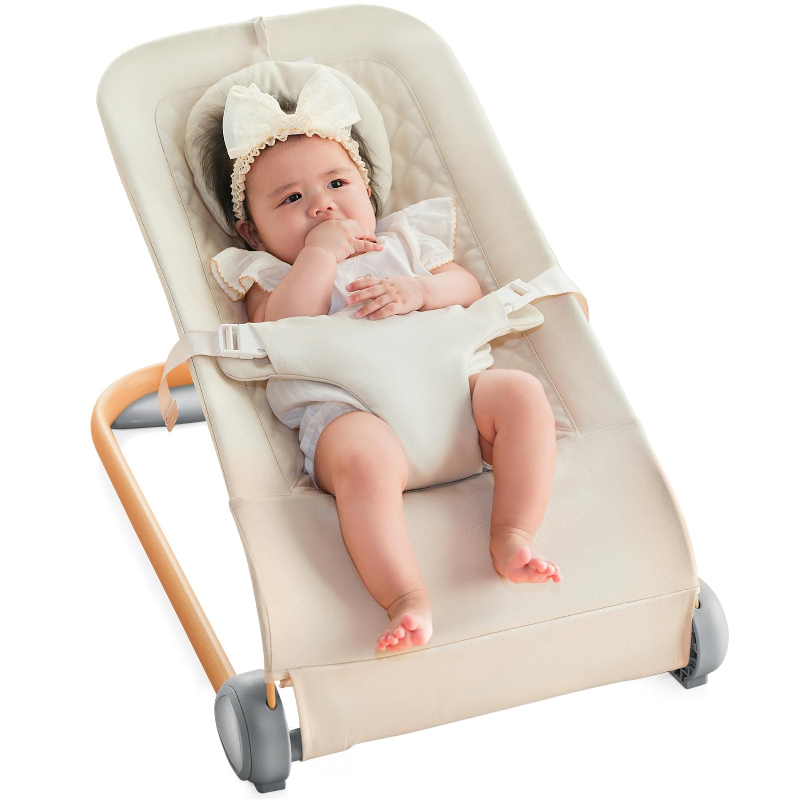 Fodoss Baby Bouncer, Portable Bouncer Seat for Babies, Ergonomic Design Baby Bouncer Chair, Baby Bassinet for Infants, Beige