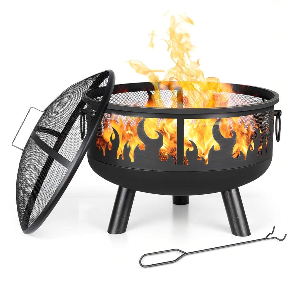 COOS BAY 24 Inch Outdoor Fire Pit, Wood Burning Patio Backyard Fireplace, Poker, Round Steel Deep Bowl Firepit with Spark Screen, Antique Bronze Effect