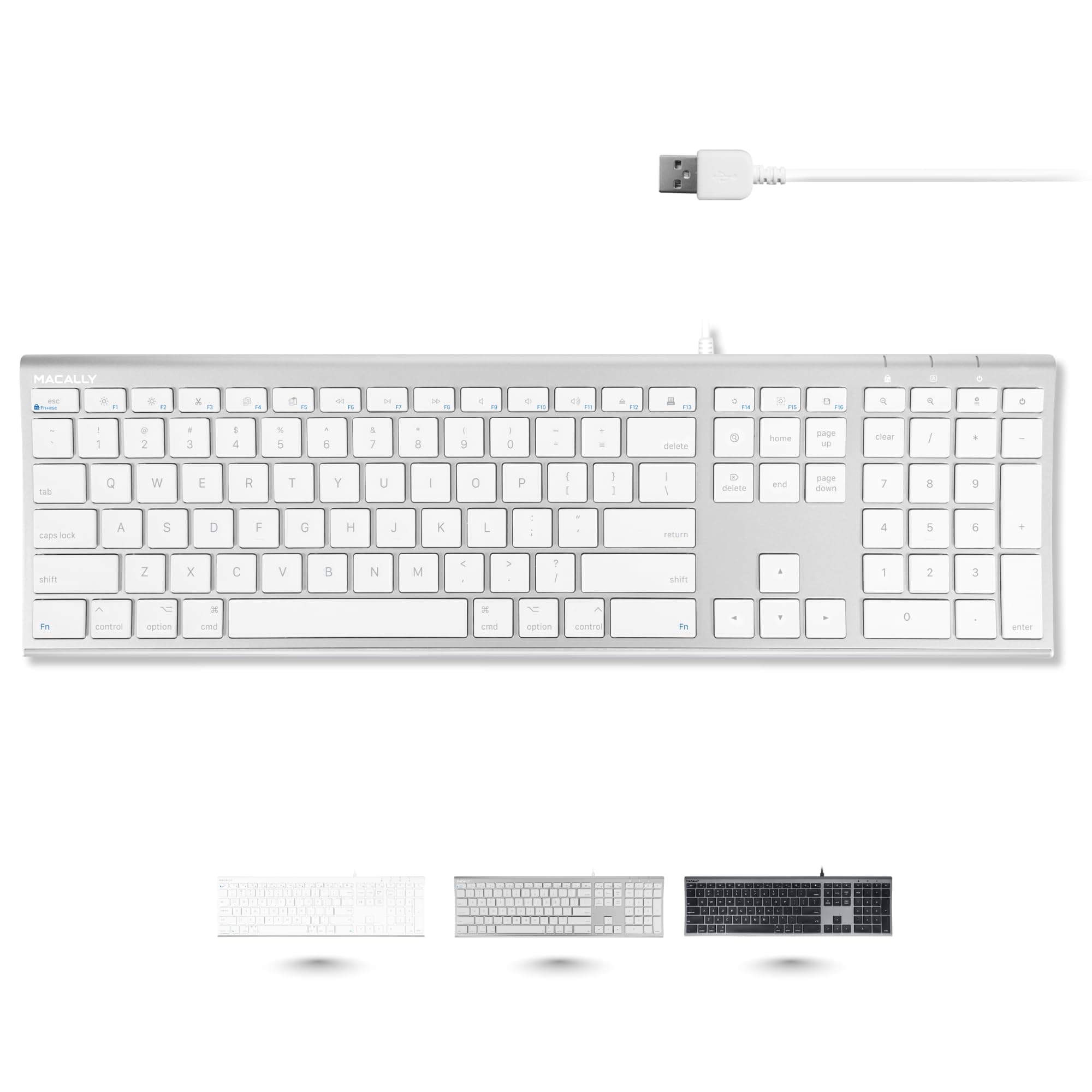 Macally Ultra Slim USB Wired Computer Keyboard - Compatible Apple Keyboard or Windows - Full Size with 20 Mac Keyboard Keys -with Numeric Keypad - Silver Aluminum Finish
