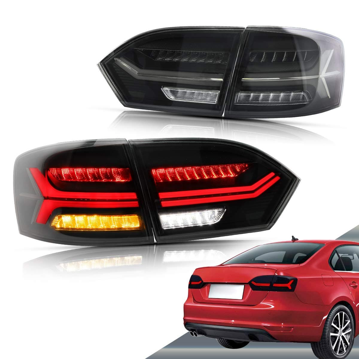 VLAND Led Tail lights Compatible with Volkswagen VW Jetta 2011-2014 Sagitar 12-14 (Not Fit GLI &Led Version), Full LED Rear Lamp Assembly w/Left Fog Light w/Sequential Smoke/Tinted