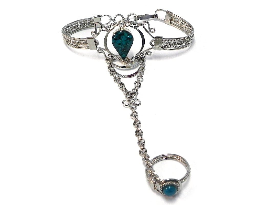 Teardrop Shaped Crushed Chip Stone Inlay Silver Metal Cuff Harem Slave Bracelet with Adjustable Ring - Womens Fashion Handmade Jewelry Boho Accessories