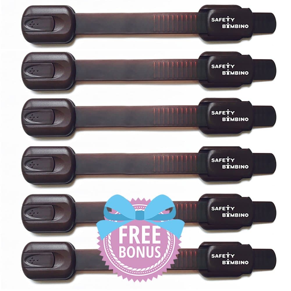 Safety Bambino Adjustable Child Safety Locks, No Drill, 6x Pack Safety Latches for Baby Proofing Doors, Cabinets, Drawers, Refrigerators, Toilets & More, Free Bonus - Brown