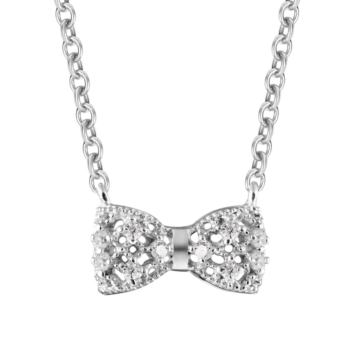 Carleen 925 Sterling Silver Cubic Zirconia CZ Simulated Diamond Small Cute Bow Tie Knot Pendant Necklace Studs Jewelry Gift for Women Girls Teens, 18" Silver Chain