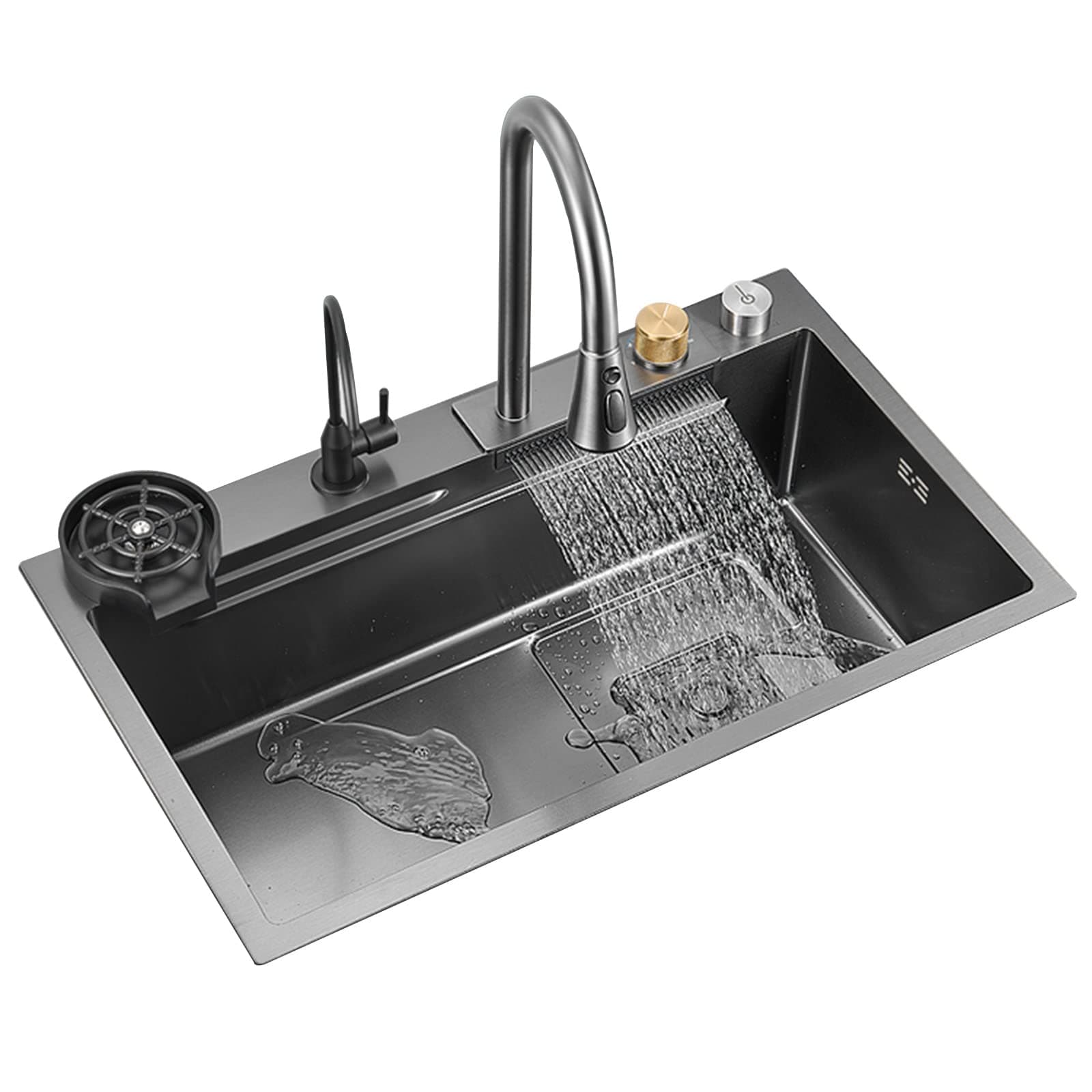 304 Stainless Steel Nano Raindance Waterfall Sink, Single Bowl, Undermount, Contemporary, Gun Grey, 26.77*17.72*7.87 inches
