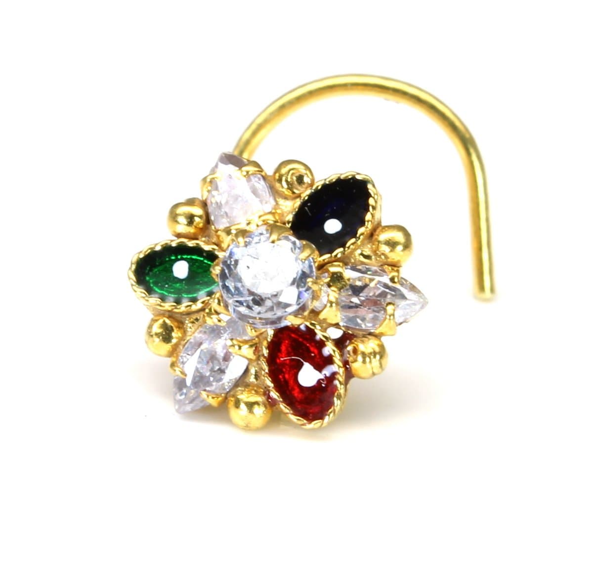 Traditional Indian Meenakari Nose Stud, Gold plated Multicolor spiral corkscrew nose piercing ring
