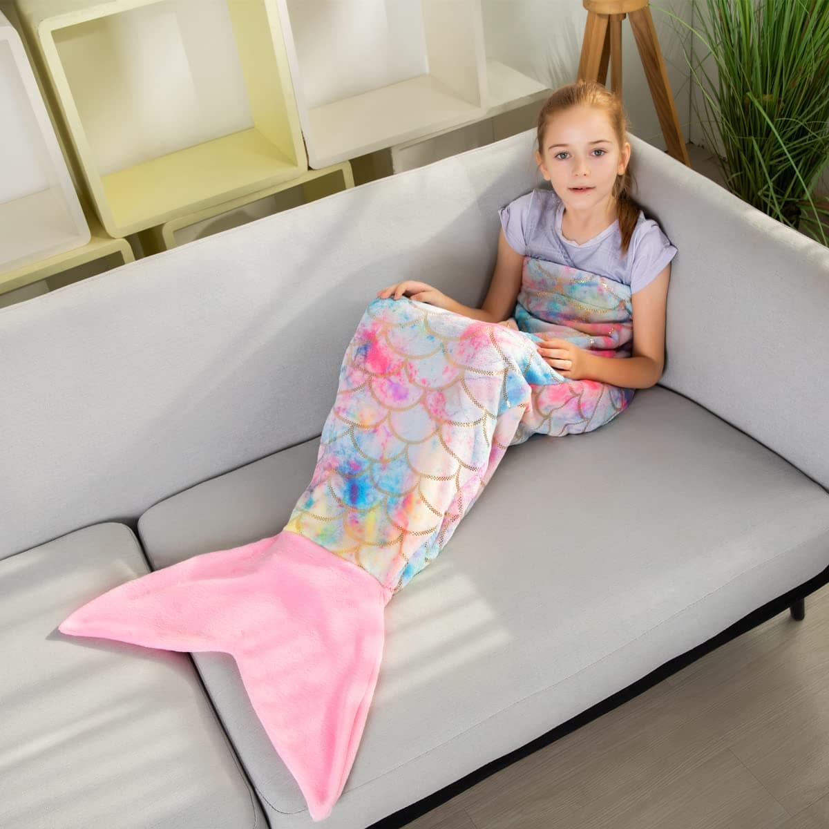 COSUSKETMermaid Tail Blankets Portable Lovely Glittering Cozy Soft Flannel Rainbow Colorful Birthday Party Gifts for Toddlers