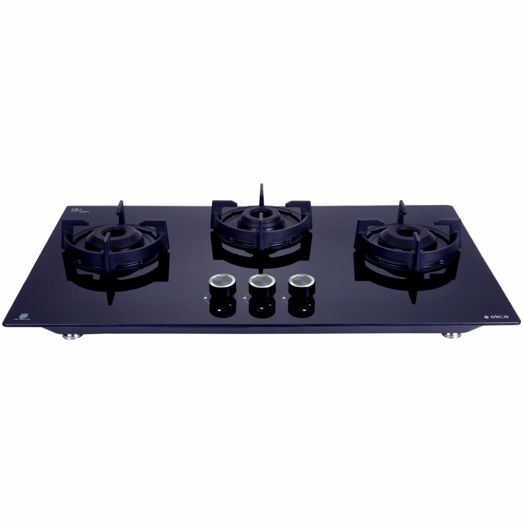 Elica 75cm 3 Burner Auto Ignition Hob | FLEXI 375 LOTUS IND HD BRASS | SABAF Burners | Cast Iron Pan Support with Heat Guard | 8mm Toughened Glass | 10-Year Burner Warranty | Black