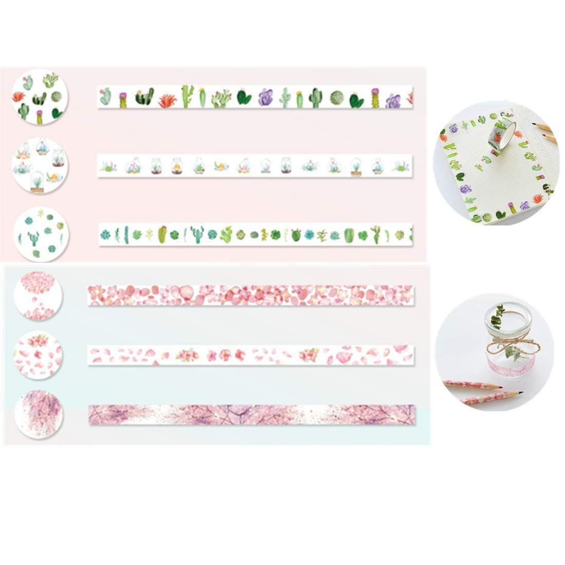 6 Roll Colorful Adhesive Tapes Spring Flower/Plant Decorative Paper Tapes for Arts and DIY Crafts