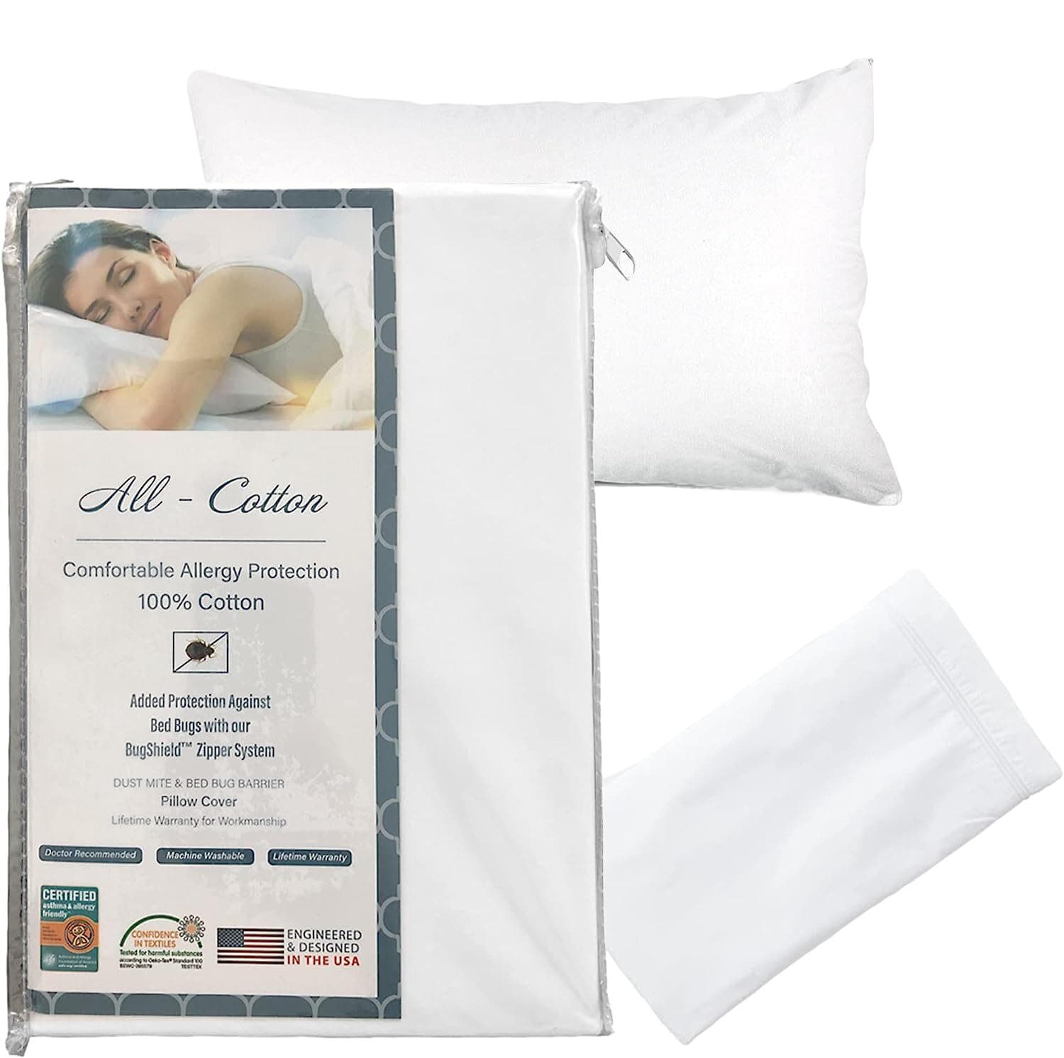 National Allergy Premium 100% Cotton Zippered Pillow Protector - Standard Size - White - 300 Thread Count - Hypoallergenic Bed Pillowcase with Zipper - Breathable Encasement Cover