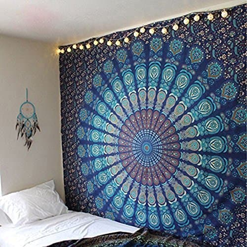 Aakriti Gallery Cotton Mandala Tapestry Wall Hanging - Bohemian Bedspread, Boho Blanket/Throw Tapestries for Living Room, Home Décor (Turquoise, 92x82)