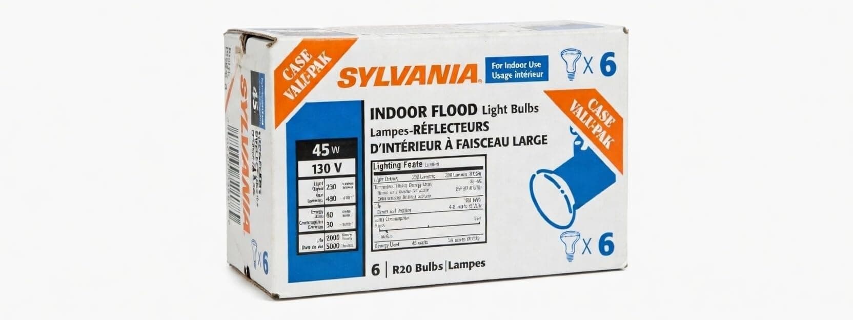 Sylvania Incandescent R20 Flood Light Bulbs, 45W, 230 Lumens, 2850K, Warm White, Value Pack - 6 Pack (15676)