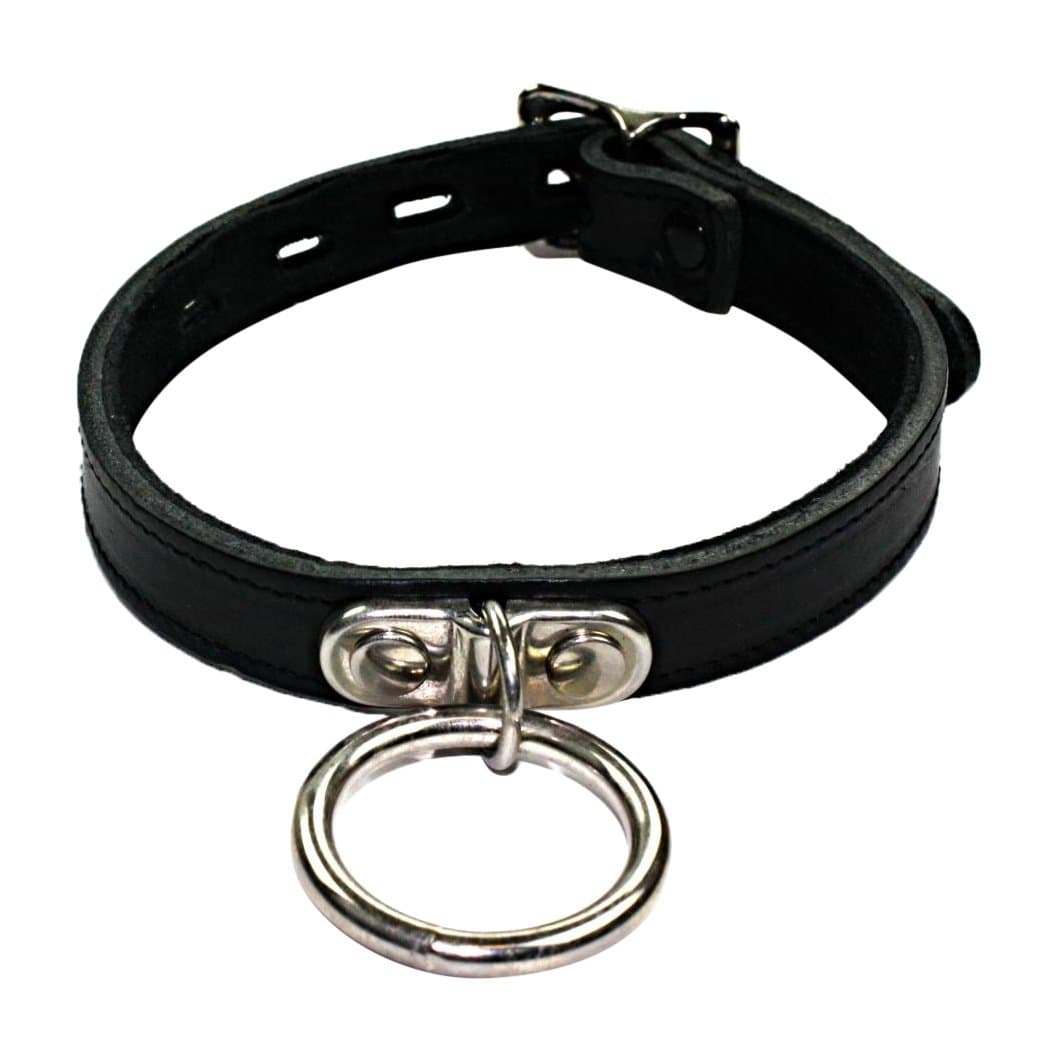 Slap Leather Small Neck Collar with Ring in Black Leather with Black Suede Lining