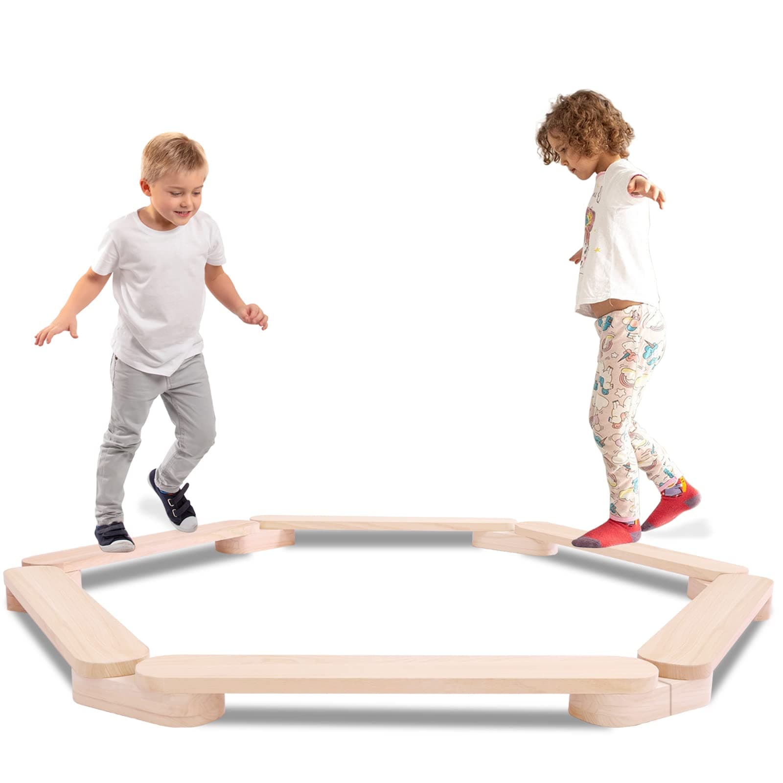 Balance Beam, Stepping Stones for Kids, Montessori Toy, Build Coordination and Gross Motor Skills for Kids and Toddler, Gymnastics Obstacle Course Indoor Outdoor Use (6pcs,Natural Color)