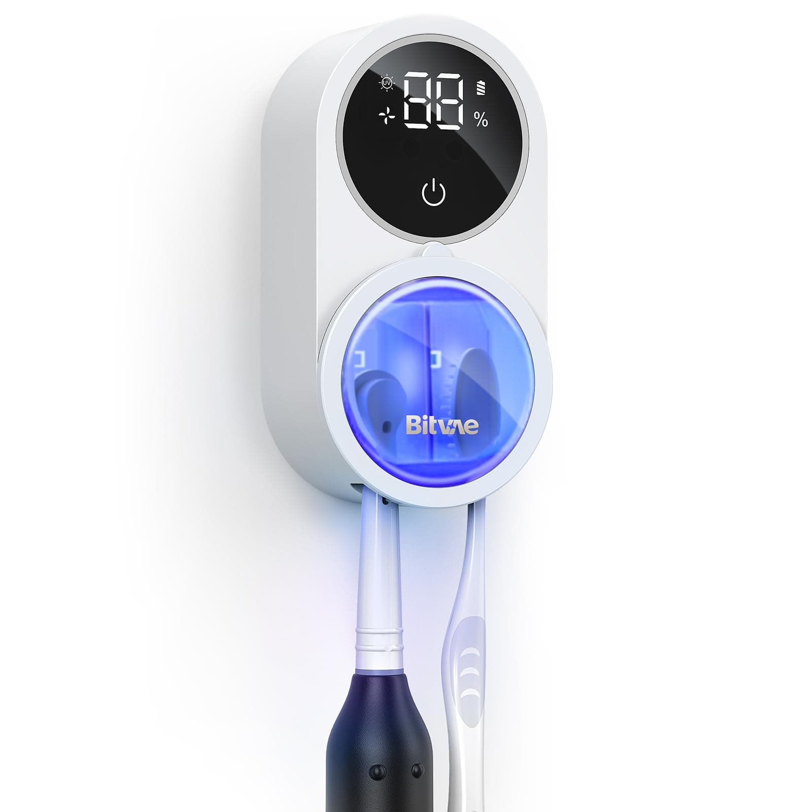 Toothbrush Cleaner, UV-C Cleaning and Air Drying, LED Smart Screen, Rechargeable Wall Mount Toothbrush Holder, White