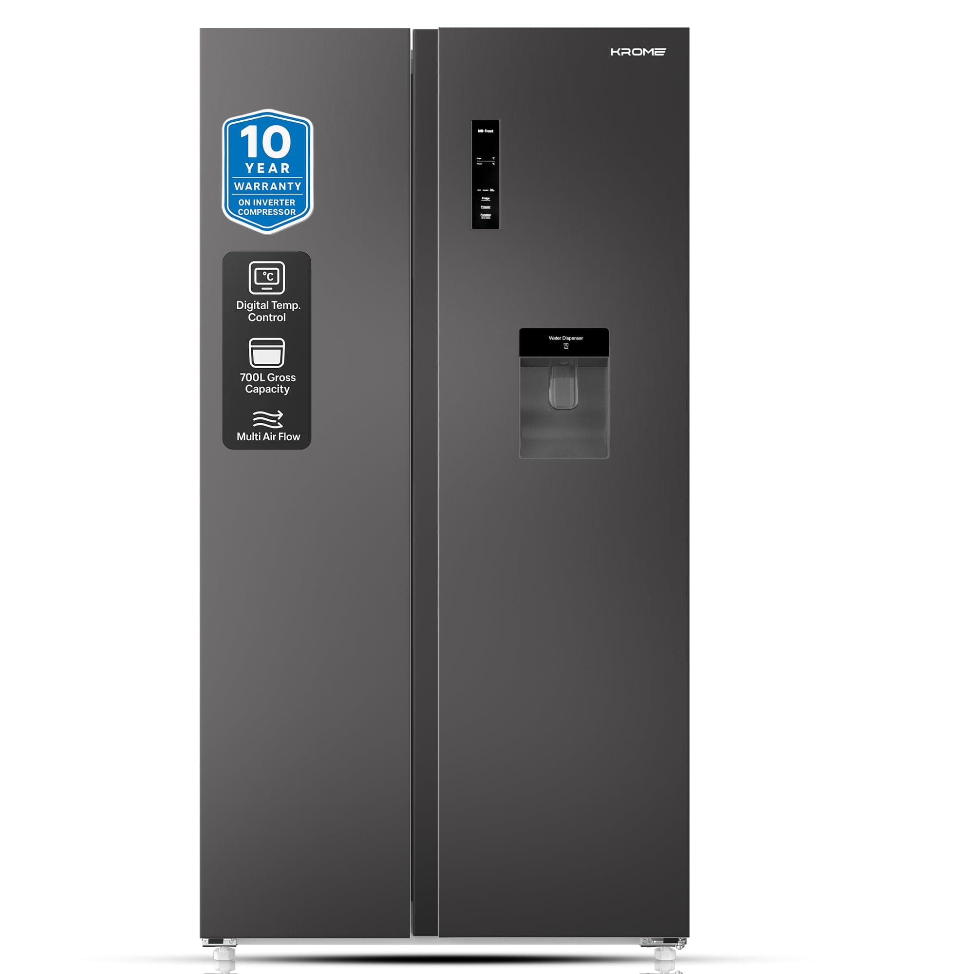 700Liters Gross Side by Side Refrigerator with Water Dispenser,Multi Air Flow,LED Display,Inverter Compressor,Door Alarm,No Frost,Twist Ice Maker,Black, 10 Year Compressor Warranty-KR-SBS 700WIM