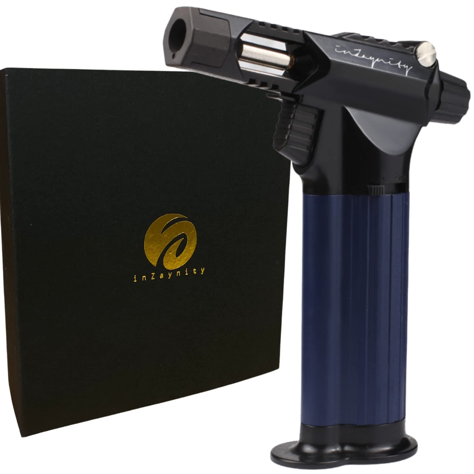 inZaynity Refillable Butane Torch Gun - The Beast Hand Held Blow Torch for Cooking, BBQ, Creme Brulee, Soldering, Welding, & Resin Art - Adjustable Flame with Ignition Lock - Black Blue