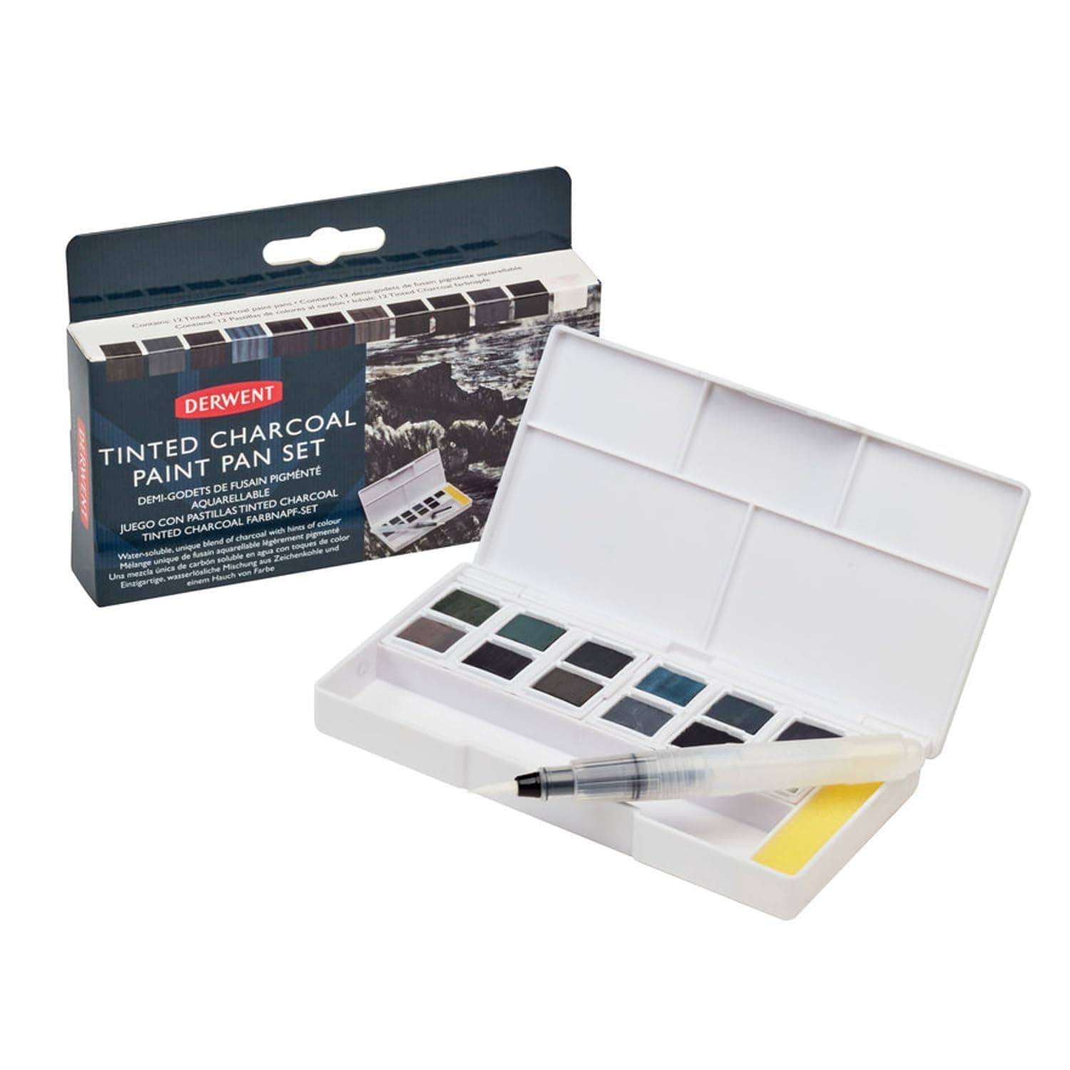 Derwent Tinted Charcoal Paint Pan Set, 12 Paints, Professional Quality, Water Soluble, Blendable, Portable, Includes Palettes, Mini Waterbrush & Cleaning Sponge, 2305872