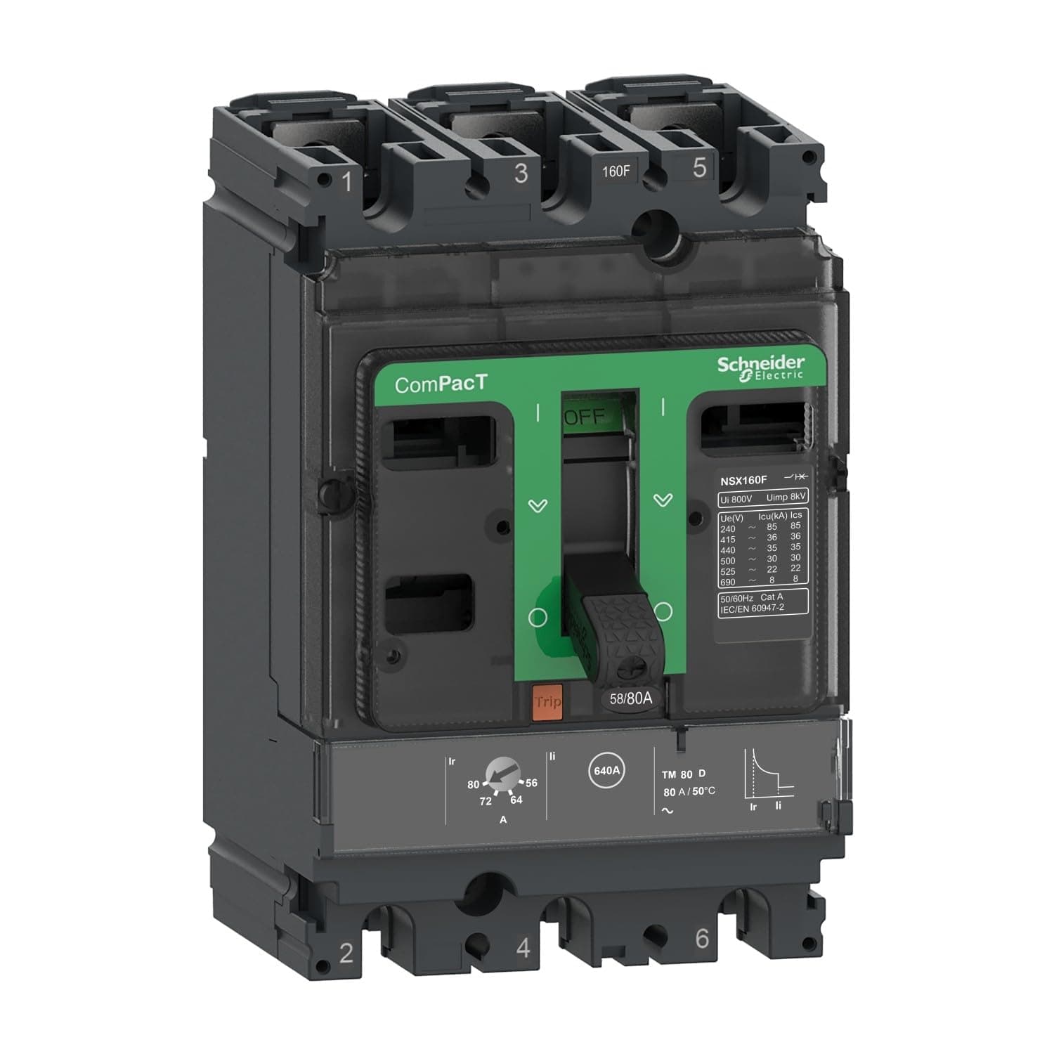 ComPacT, Circuit breaker ComPacT NSX100F, 36kA at 415VAC, TMD trip unit 100A, 50 degrees C, 3 poles 3D, C10F3TM100C