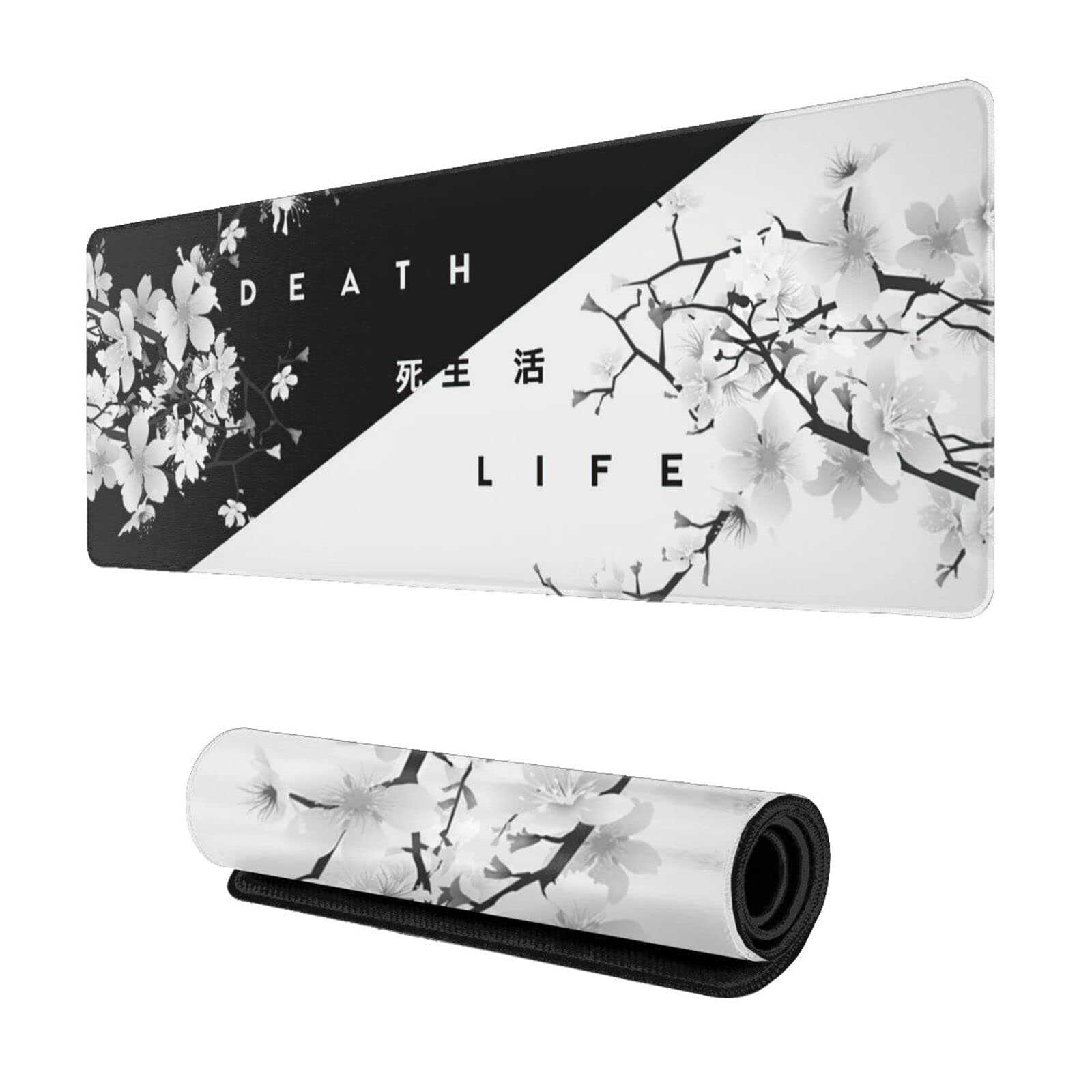 Black and White Cherry Blossom Gaming Mouse Pad XL, Extended Stitched Edges Mousepad,Large Mouse Mat Desk Pad, Long Non Slip Rubber Base Mice Pad(31.5 X 11.8 Inch)