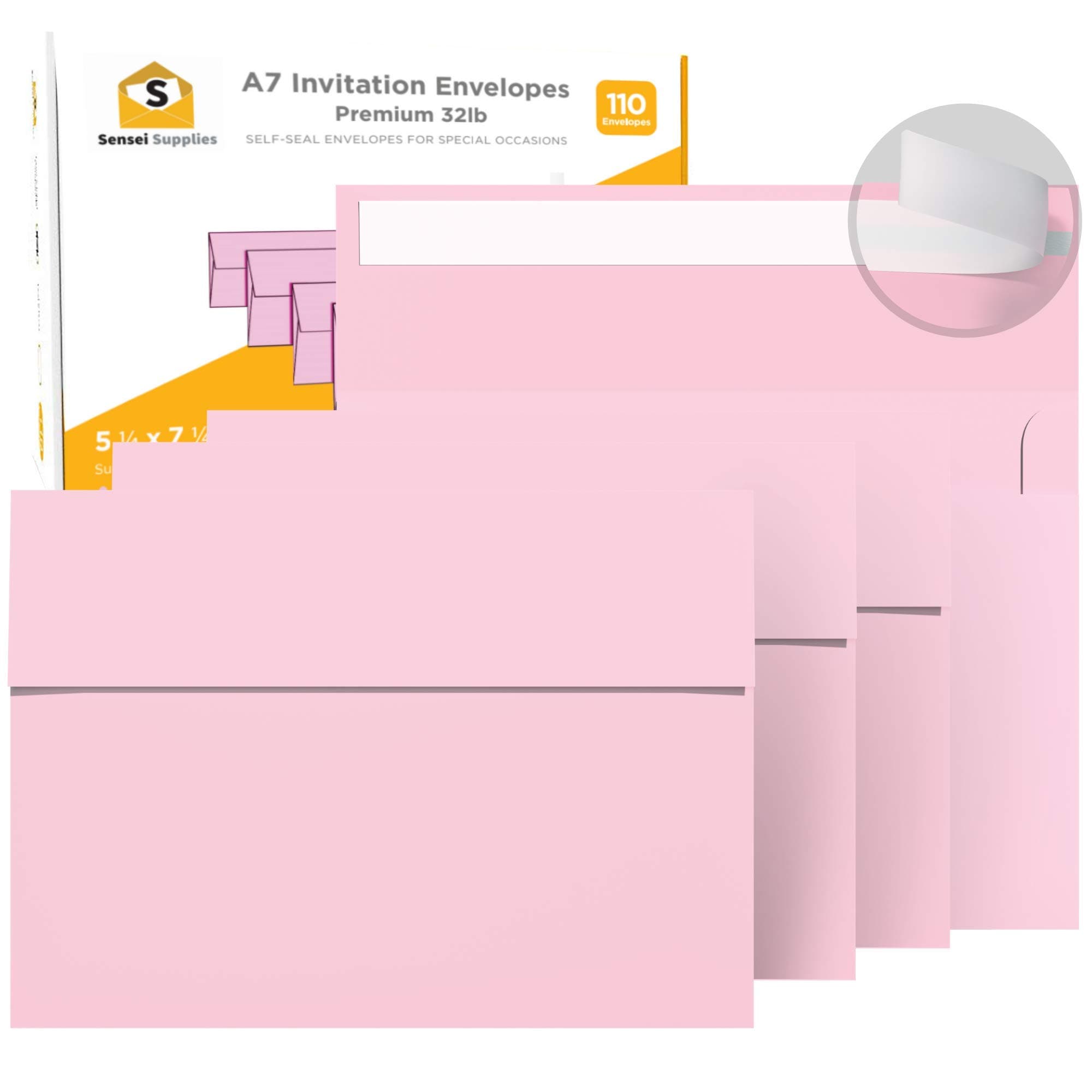 110 5x7 Pink Invitation Envelopes - for 5x7 Cards - A7 - (5 ¼ x 7 ¼ inches) - Perfect for Weddings, Graduation, Baby Shower - 120 GSM - Peel, Press & Self Seal - Square Flap