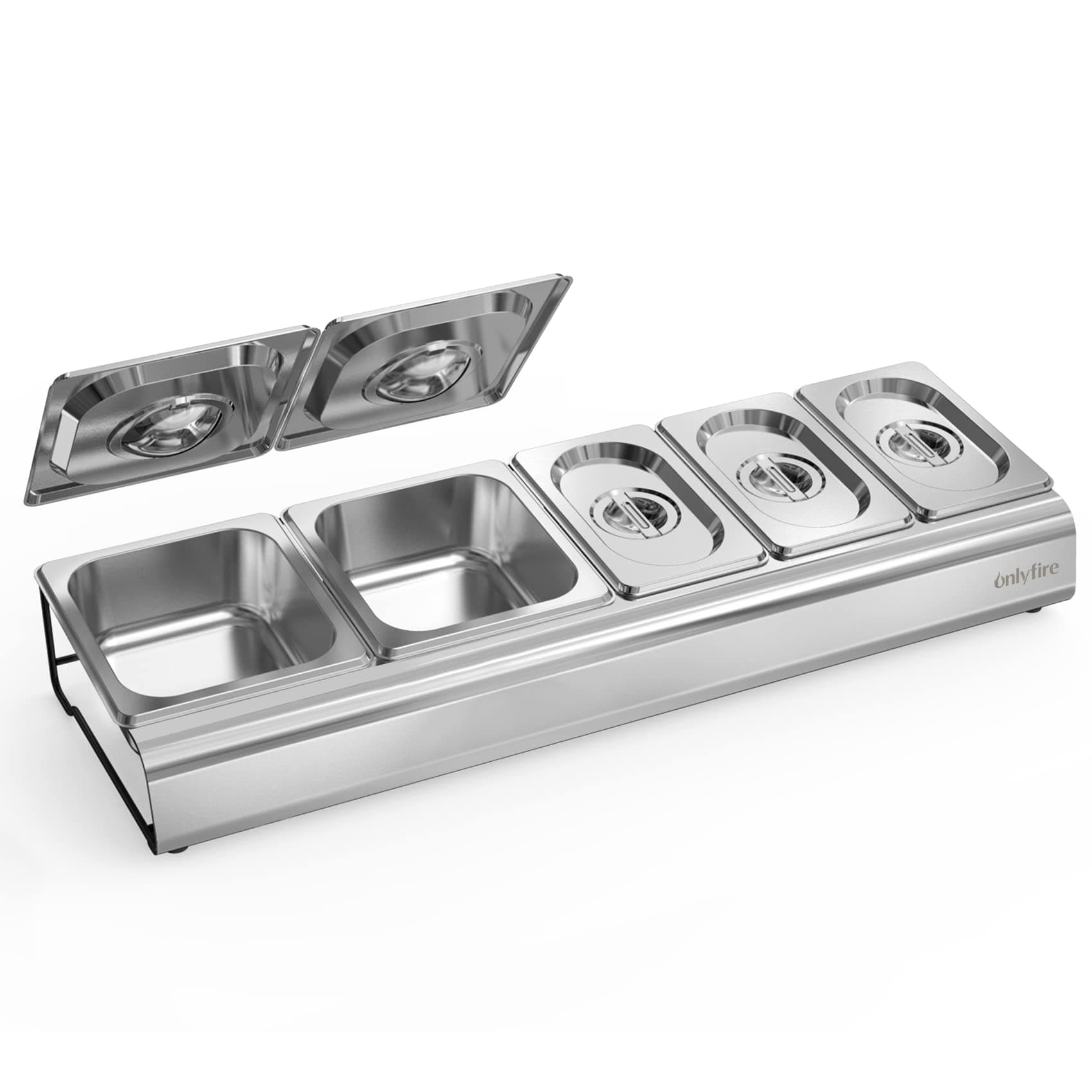 onlyfire Pizza Topping Station Stainless Steel Seasoning Containers with Lid, 5 Compartment Trays for Preparing Ingredients and Toppings