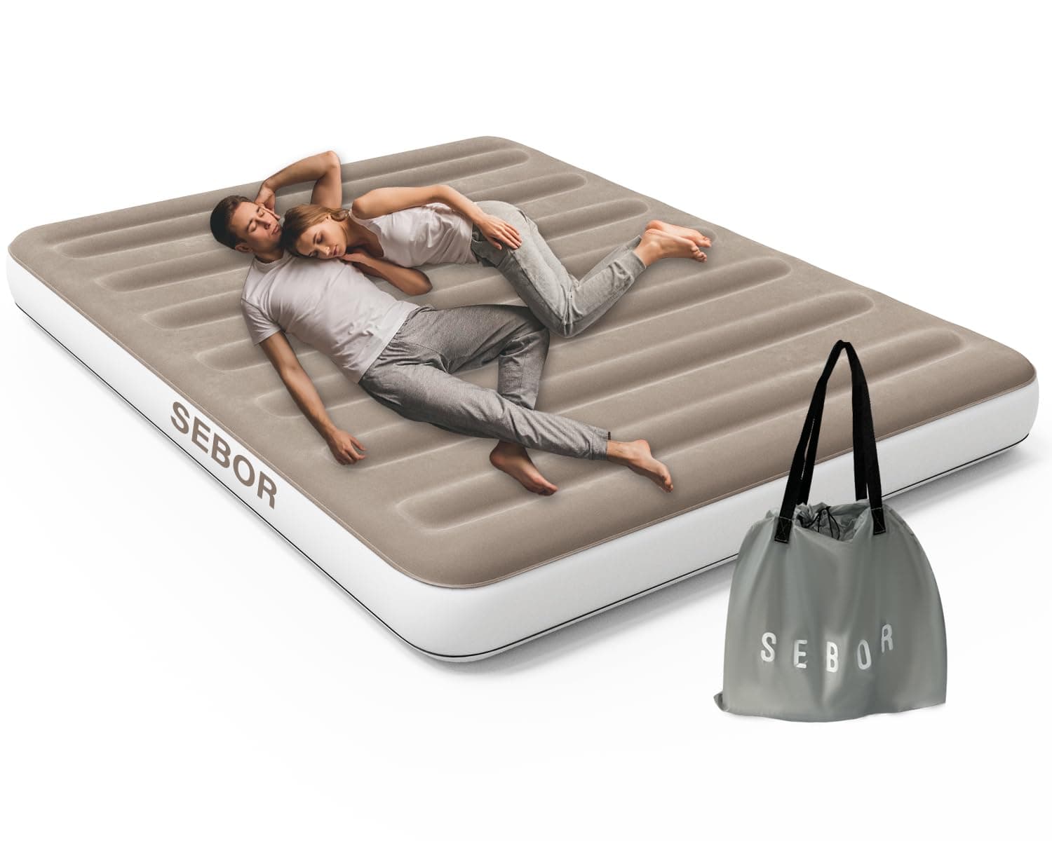 SeborCamping Air Mattress Queen, Height 9" Durable Queen Airbed, Inflatable Blow Up Mattress Raised Airbed with Storage Bag, Portable Air Bed for Camping Travel and Home, 660 lb MAX (No Pump)