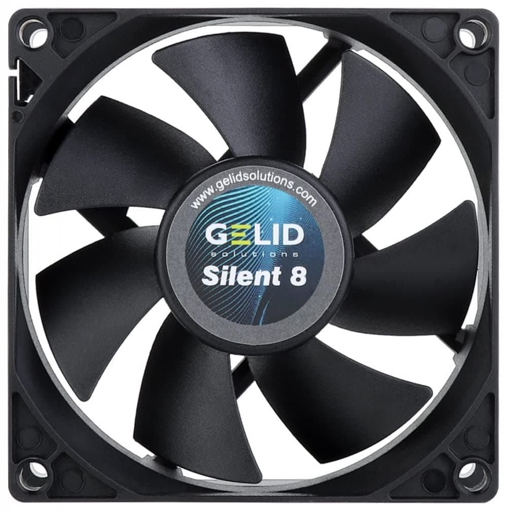 Gelid Solutions Silent 8 Black-Case Fan 80mm-3 Pin-Silent Operation-80x80x25mm-RPM1600-Rubber Fan Mount- Color Black