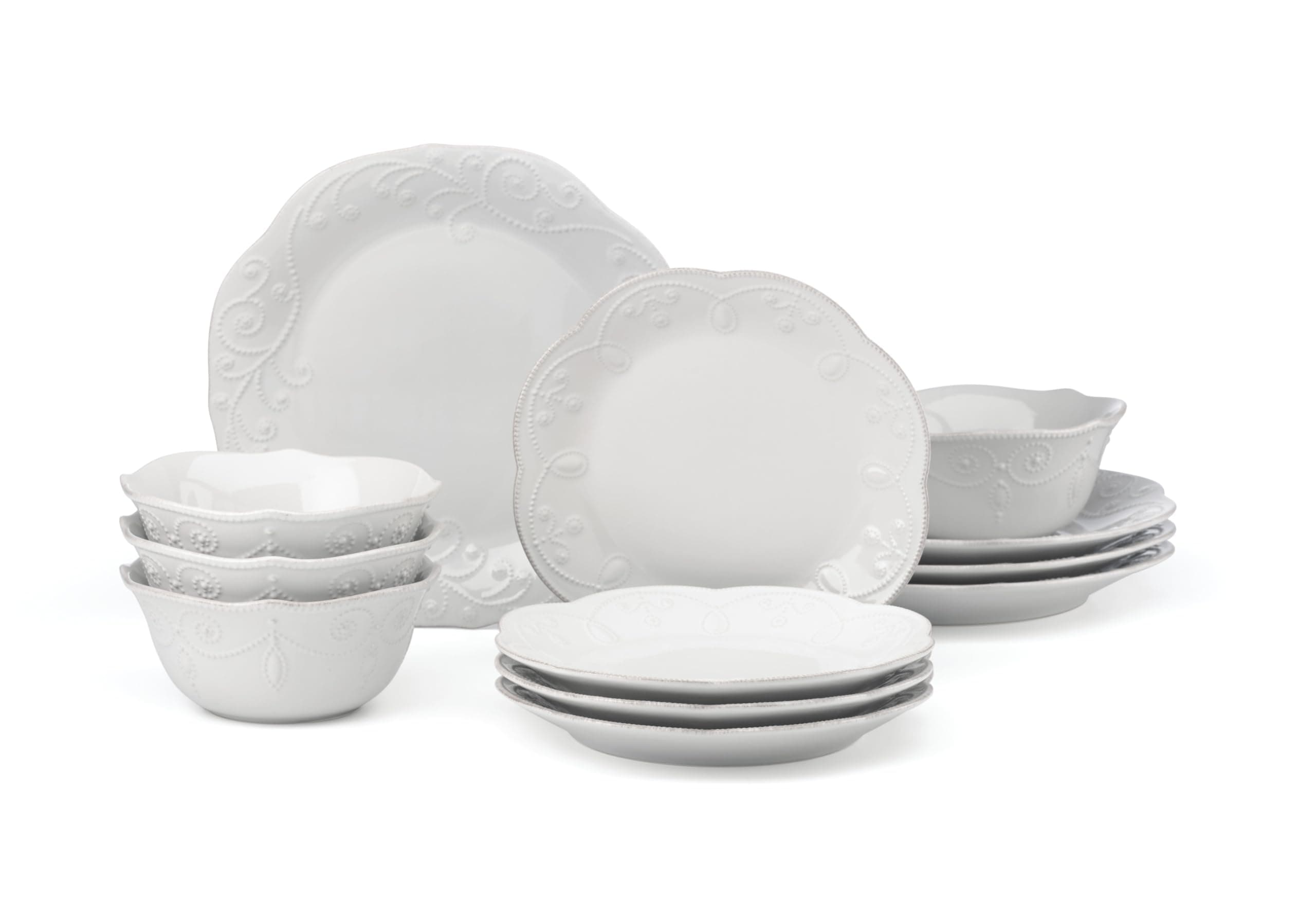868103 White French Perle 12-Piece Dinnerware Set, Stoneware