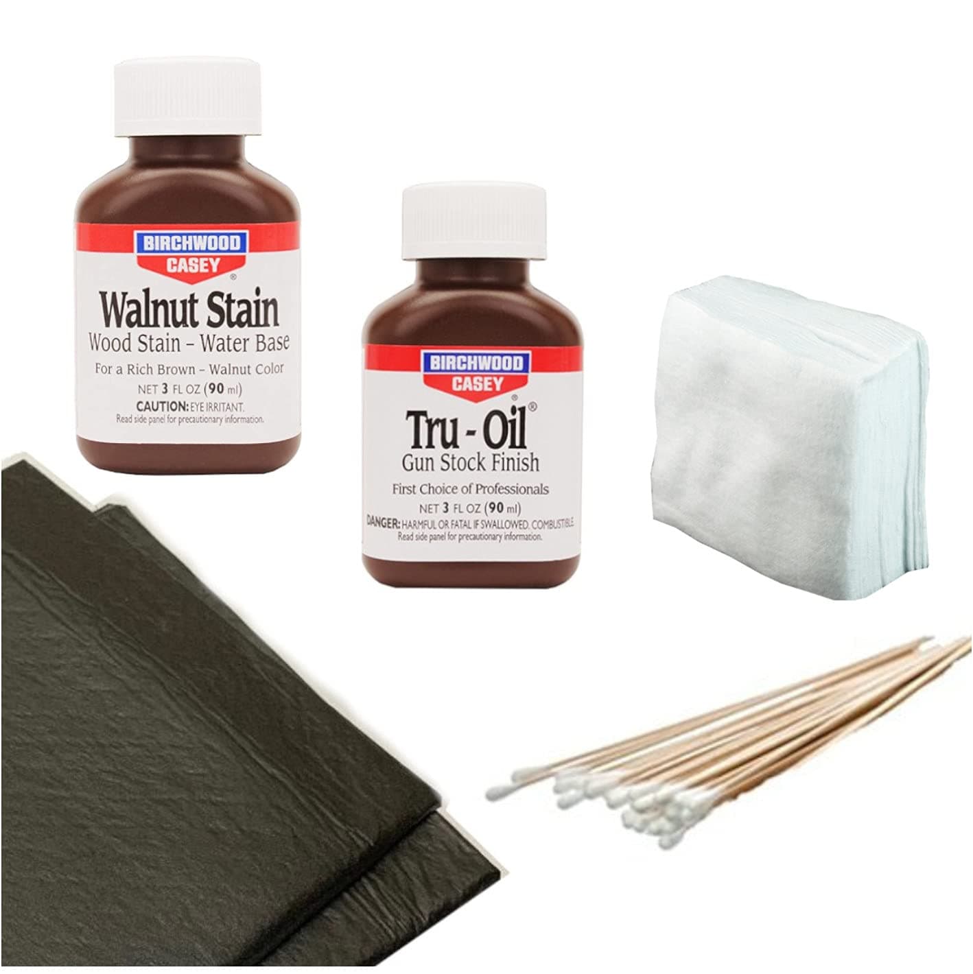 Tru-Oil and Walnut Stain for Gun Wood Stock and Grip Refinishing with Absorbent Pads, Patches and Cotton Swabs