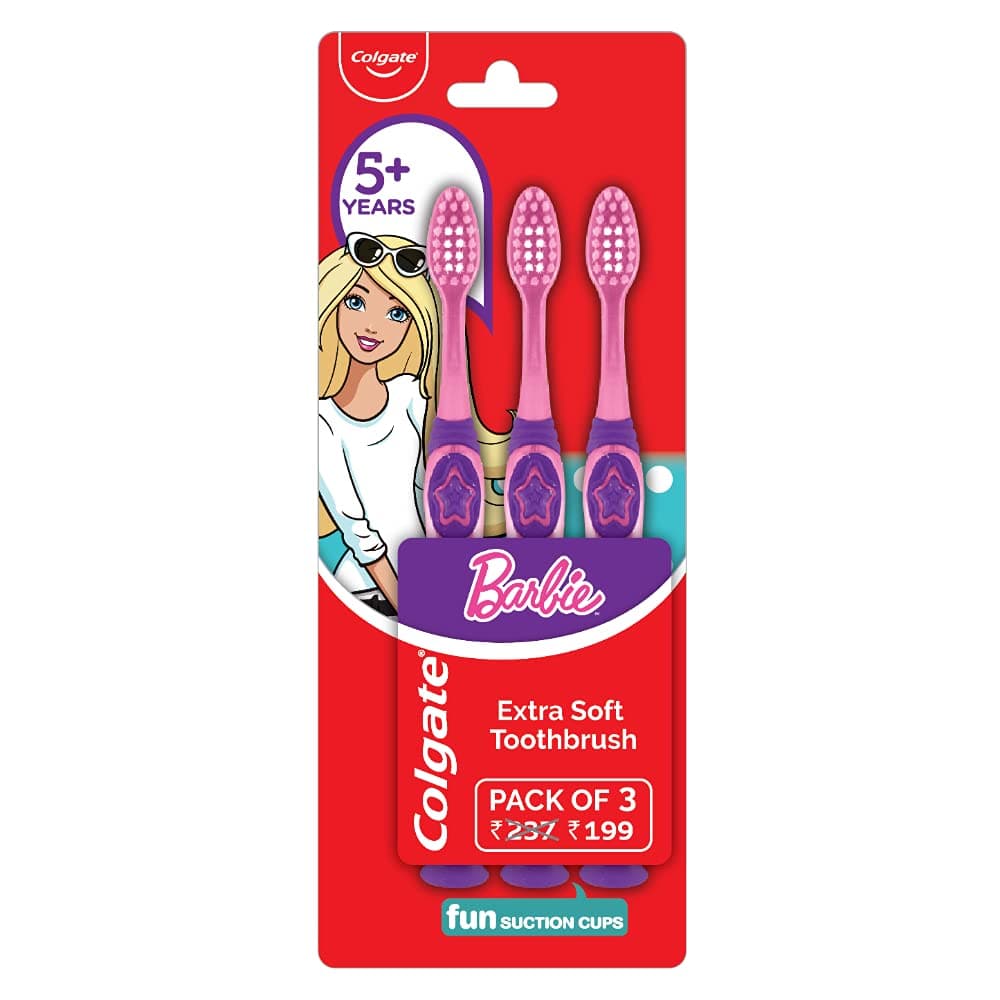 Colgate Kids Barbie Manual Toothbrush, Extra Soft With Tongue Cleaner, Kids Toothbrush Ideal For 5+ Years Kids, Multi Colour(Combo Pack Offer Of 3)