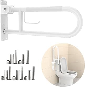 Toilet Grab Bar 22.4 Inch, YuanDe White Anti-Slip Support Rail, U Shaped Flip-Up Grab Bar with Paper Holder, Stainless Steel Knurled Handicap Safety Handrails for Disabled Elderly Pregnant