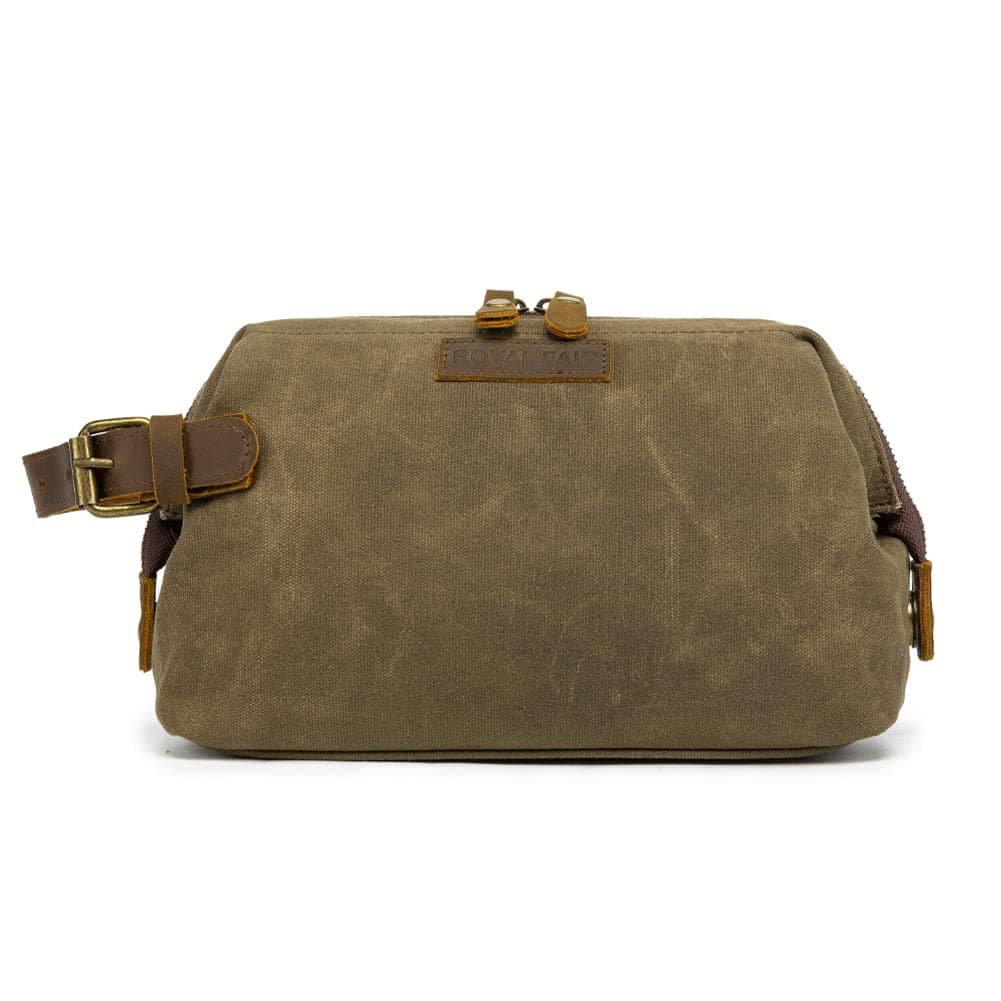 Toiletry Bag for Men Waterproof Real Leather Wrist Retro Canvas Dopp Kit Travel (Army Green)