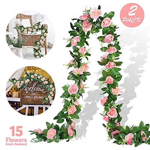 EPLST 2 Pack / 15.7 FT Artificial Flowers Garland Fake Flower Rose Vine Lifelike Silk Decorative Wall Hanging Plant for Wedding Arch Door Arrangement Party Garden Home Bedroom Office Decoration Pink