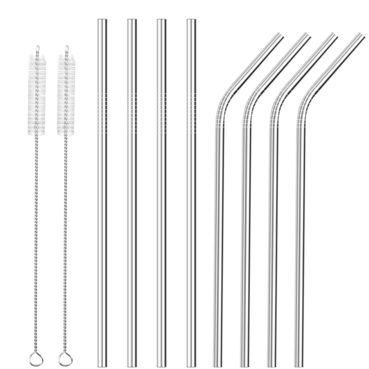 Stainless Steel Straws Reusable 8 Set, Metal Drinking Straws with 2 Cleaning Brush for Smoothie, Milkshake, Cocktail and Hot Drinks