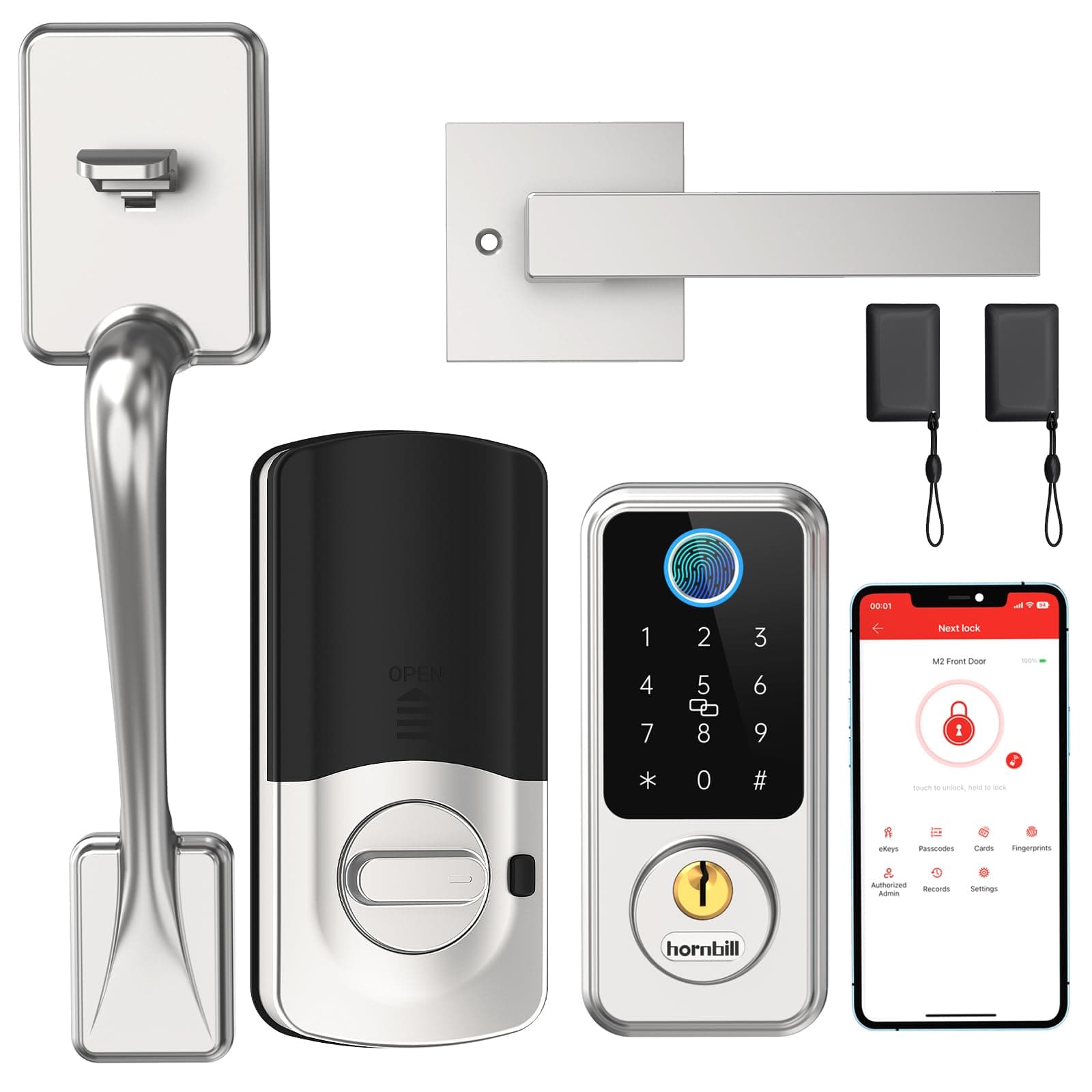 hornbillSmart Lock with Fingerprint Door Handle Set, 7-1 Smart Deadbolt Door Lock for Front Door Silver