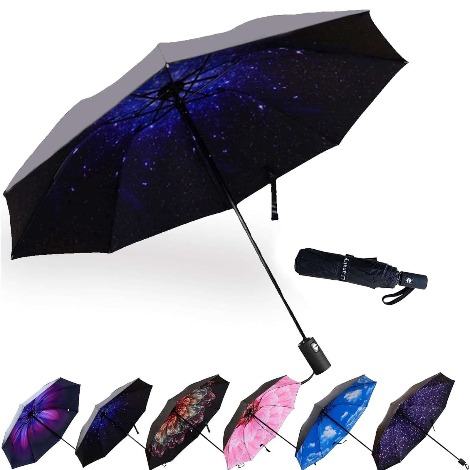 LLanxiry Compact Travel Umbrella,Windproof Waterproof Stick Umbrella Anti-UV Protection Golf Umbrellas